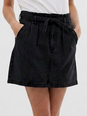 HOLLISTER Ultra High Rise Skirt Black Denim Jean High Waisted Paper Bag Mini 9